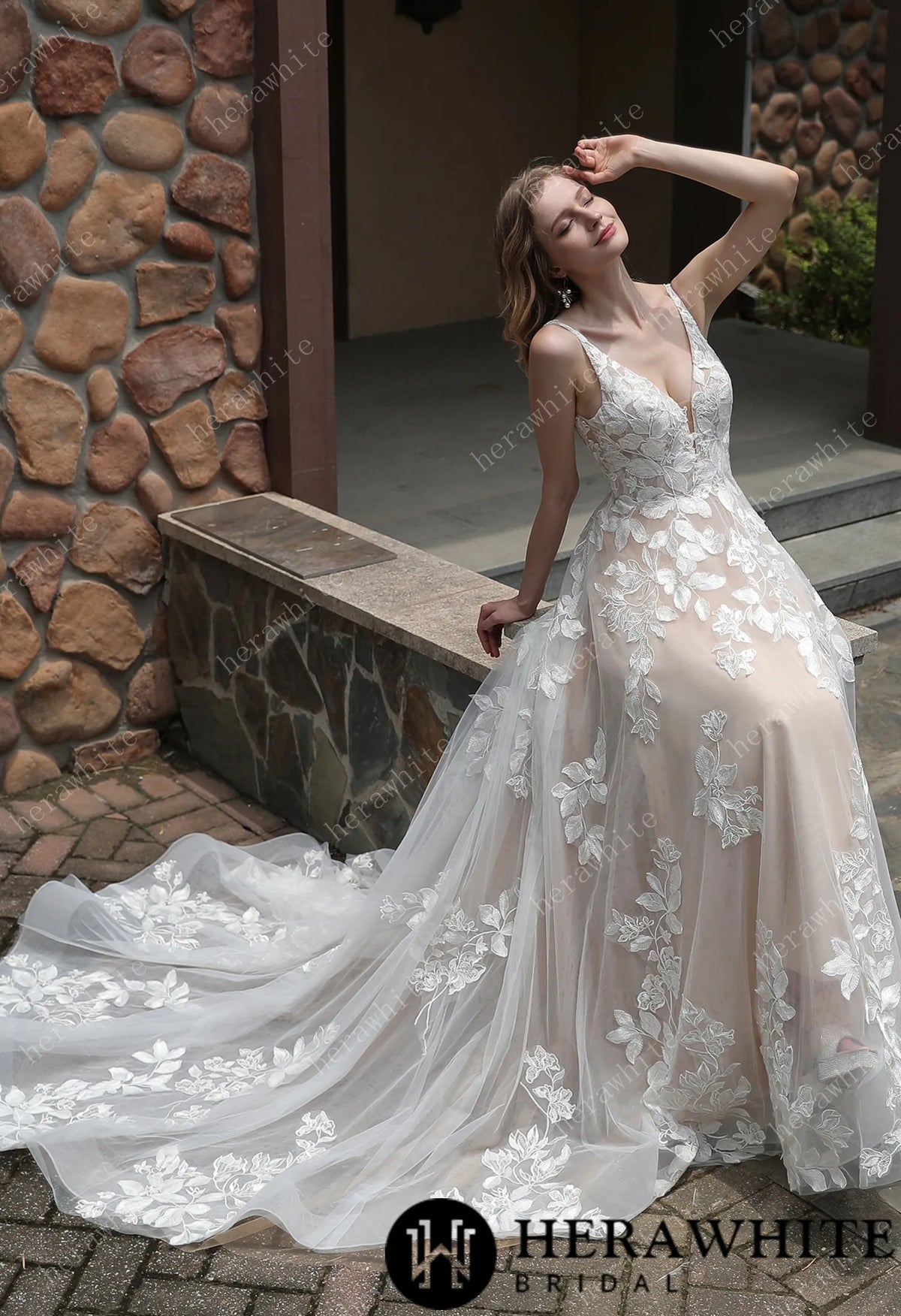 Luxurious Floral Lace  A-Line Sheer Train Wedding Dress HW3039