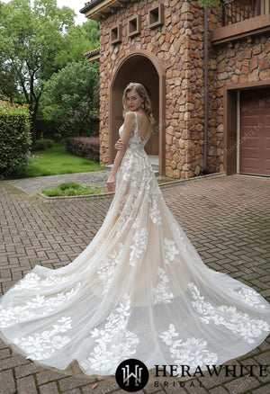 Luxurious Floral Lace  A-Line Sheer Train Wedding Dress HW3039