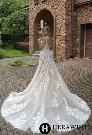 Luxurious Floral Lace  A-Line Sheer Train Wedding Dress HW3039