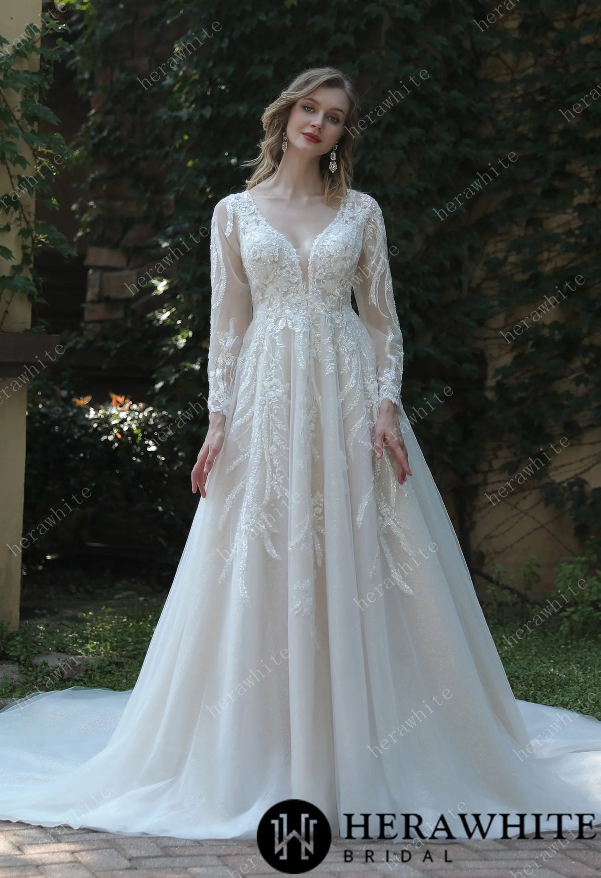 Long Sleeve Lace A-Line Plunging V-Neck Wedding Dress HW3040