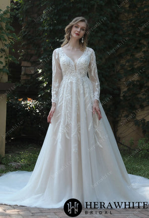 Long Sleeve Lace A-Line Plunging V-Neck Wedding Dress HW3040