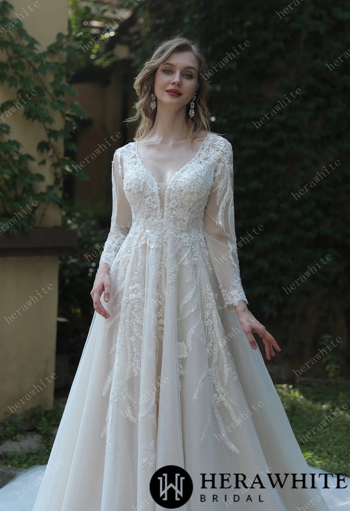 Long Sleeve Lace A-Line Plunging V-Neck Wedding Dress HW3040