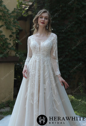 Long Sleeve Lace A-Line Plunging V-Neck Wedding Dress HW3040