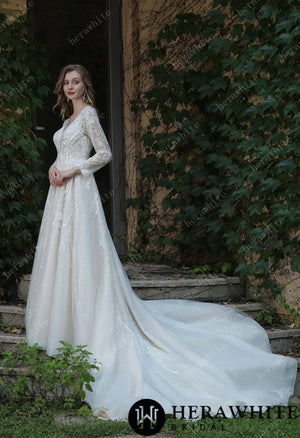 Long Sleeve Lace A-Line Plunging V-Neck Wedding Dress HW3040