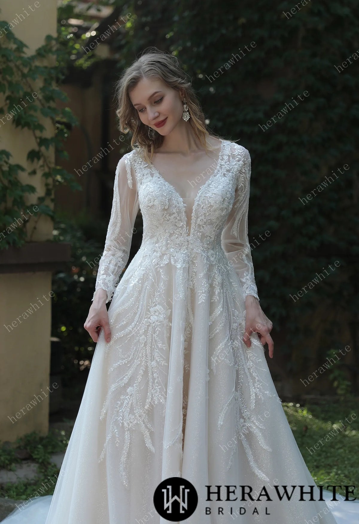 Long Sleeve Lace A-Line Plunging V-Neck Wedding Dress HW3040
