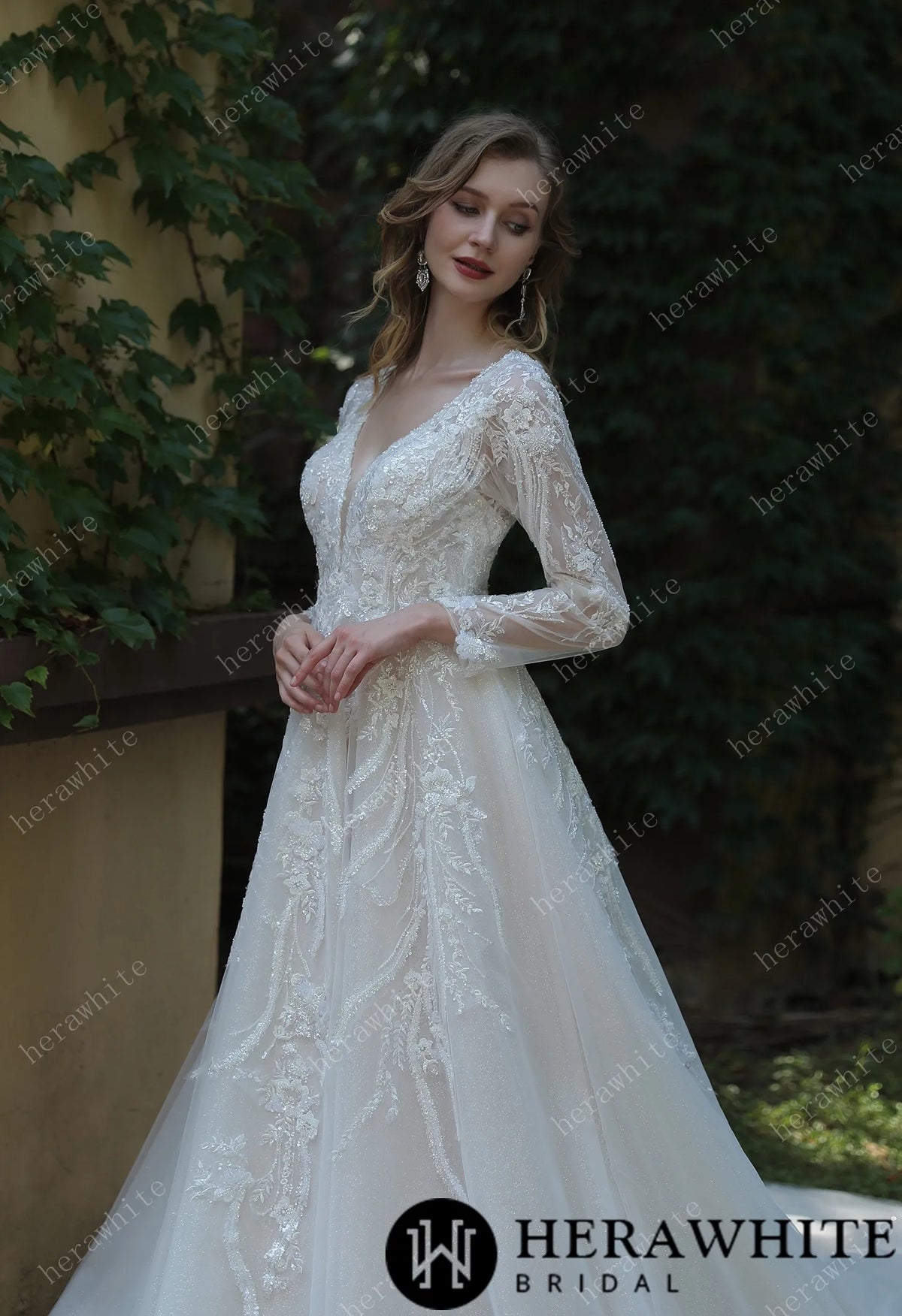 Long Sleeve Lace A-Line Plunging V-Neck Wedding Dress HW3040