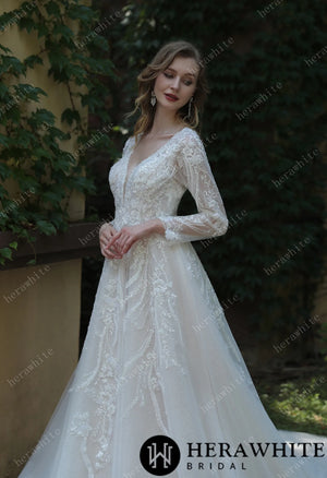 Long Sleeve Lace A-Line Plunging V-Neck Wedding Dress HW3040