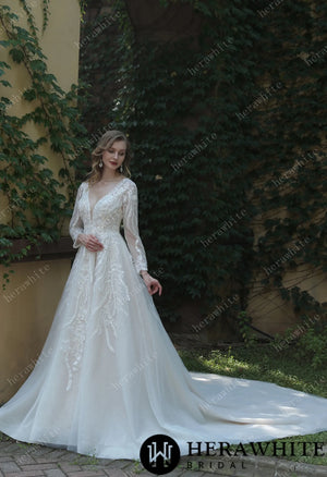 Long Sleeve Lace A-Line Plunging V-Neck Wedding Dress HW3040