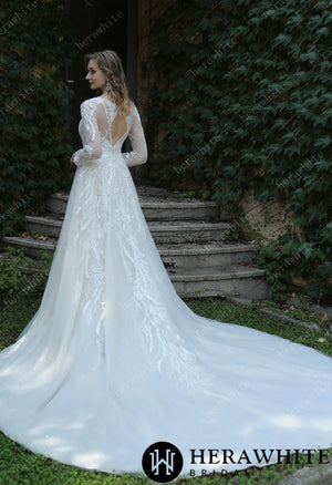 Long Sleeve Lace A-Line Plunging V-Neck Wedding Dress HW3040