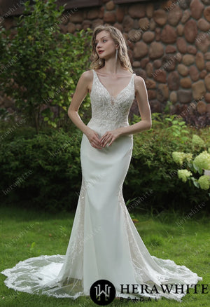 Beaded Fit And Flare V Neckline Crepe Wedding Dress HW3041