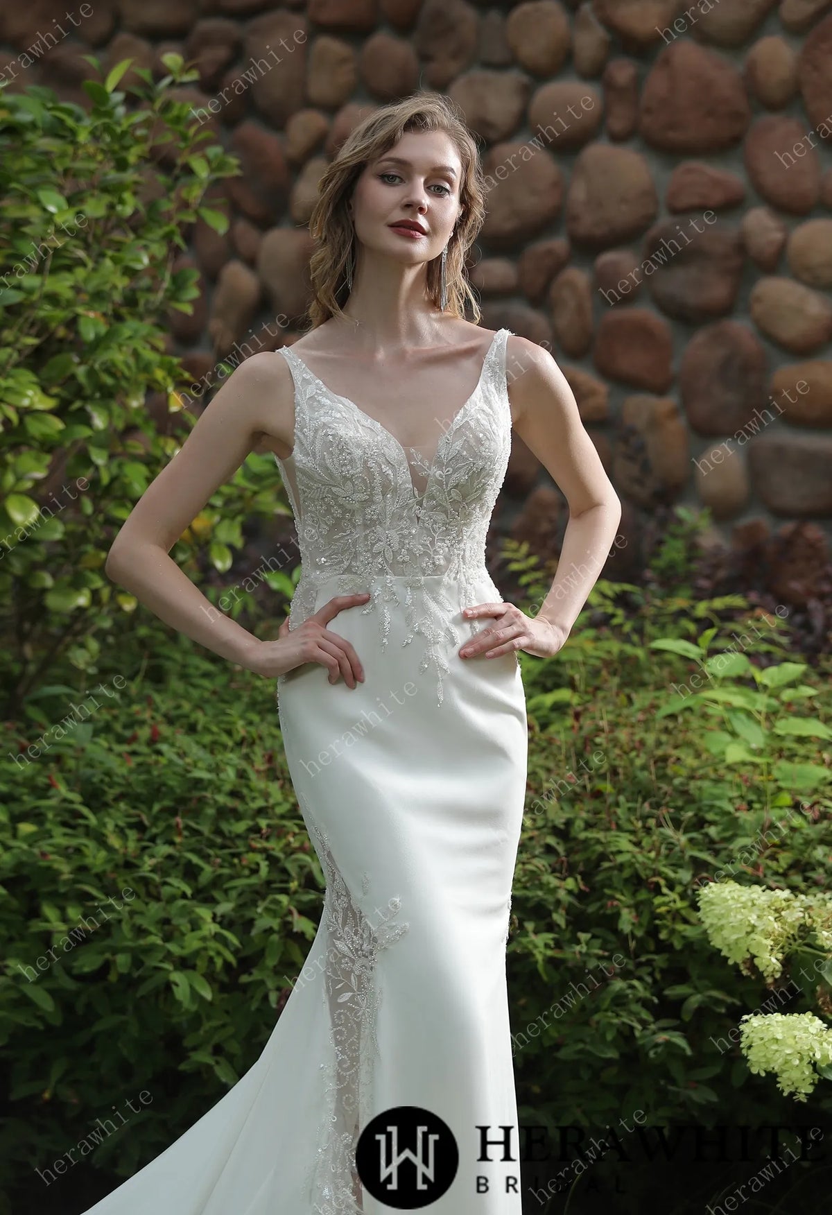 Beaded Fit And Flare V Neckline Crepe Wedding Dress HW3041