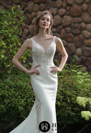 Beaded Fit And Flare V Neckline Crepe Wedding Dress HW3041