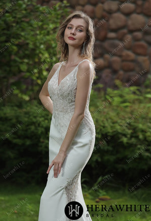 Beaded Fit And Flare V Neckline Crepe Wedding Dress HW3041