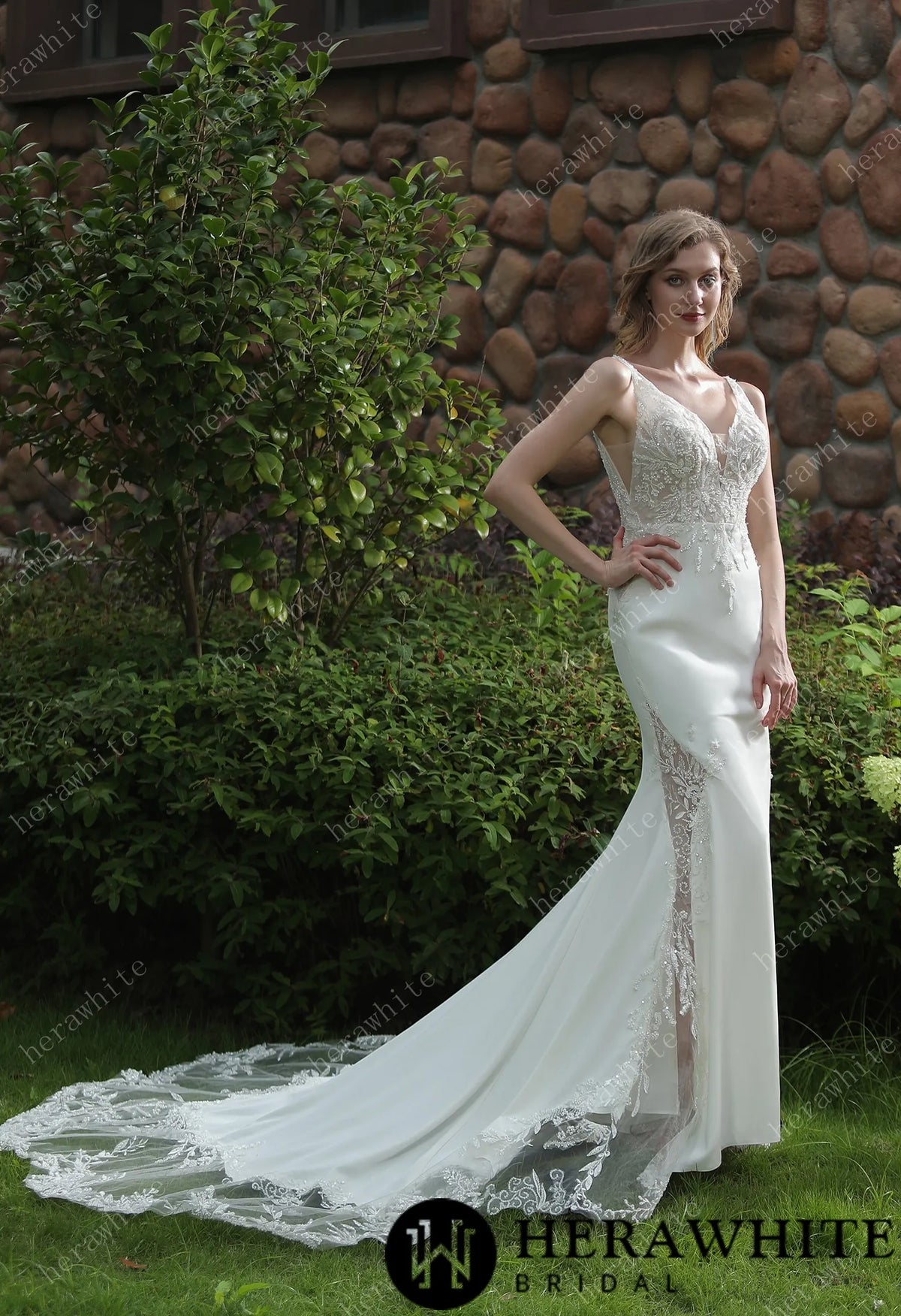 Beaded Fit And Flare V Neckline Crepe Wedding Dress HW3041