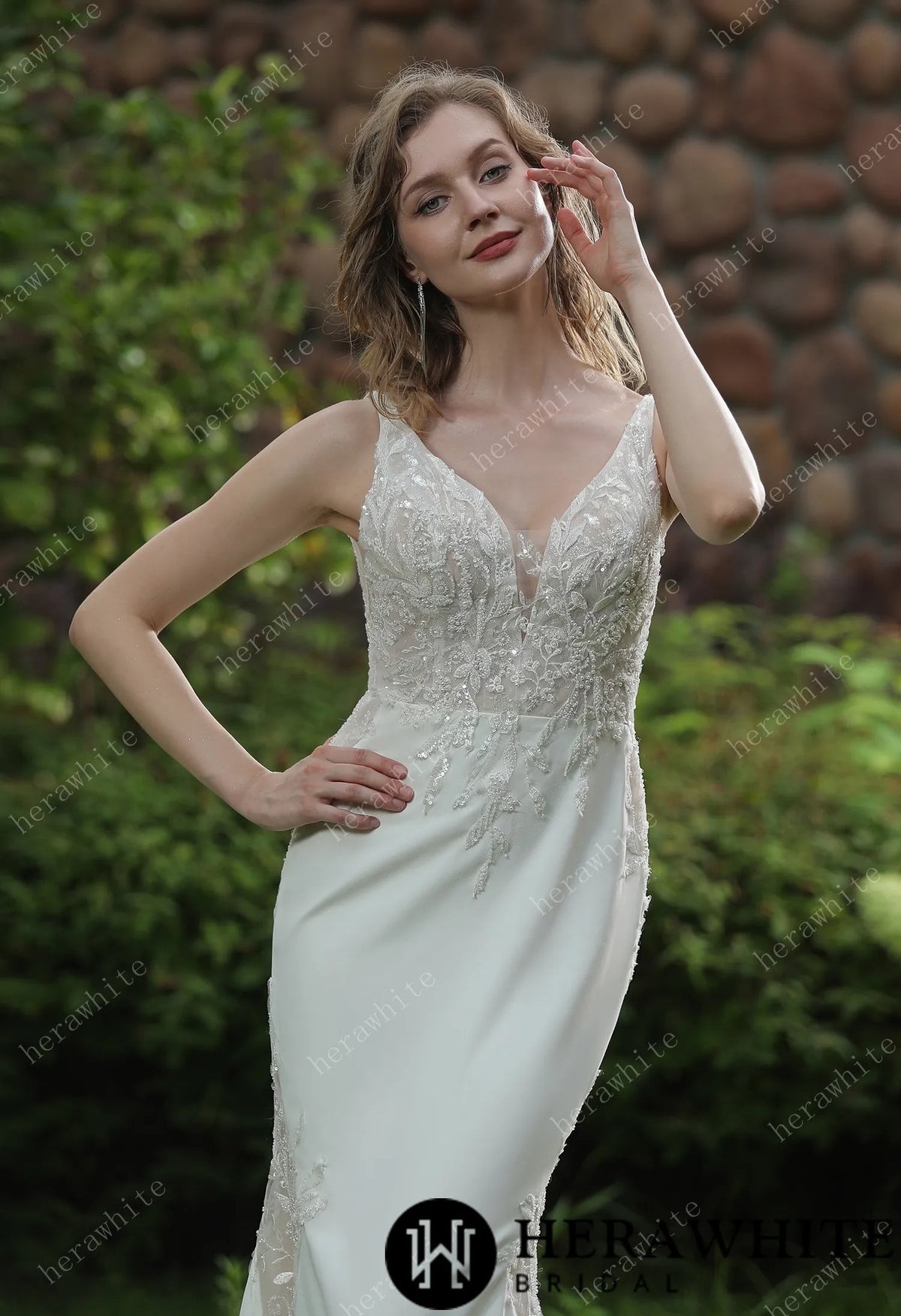 Beaded Fit And Flare V Neckline Crepe Wedding Dress HW3041