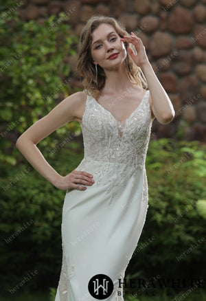 Beaded Fit And Flare V Neckline Crepe Wedding Dress HW3041