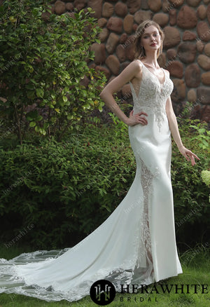 Beaded Fit And Flare V Neckline Crepe Wedding Dress HW3041