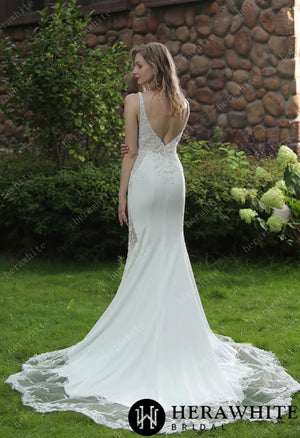 Beaded Fit And Flare V Neckline Crepe Wedding Dress HW3041