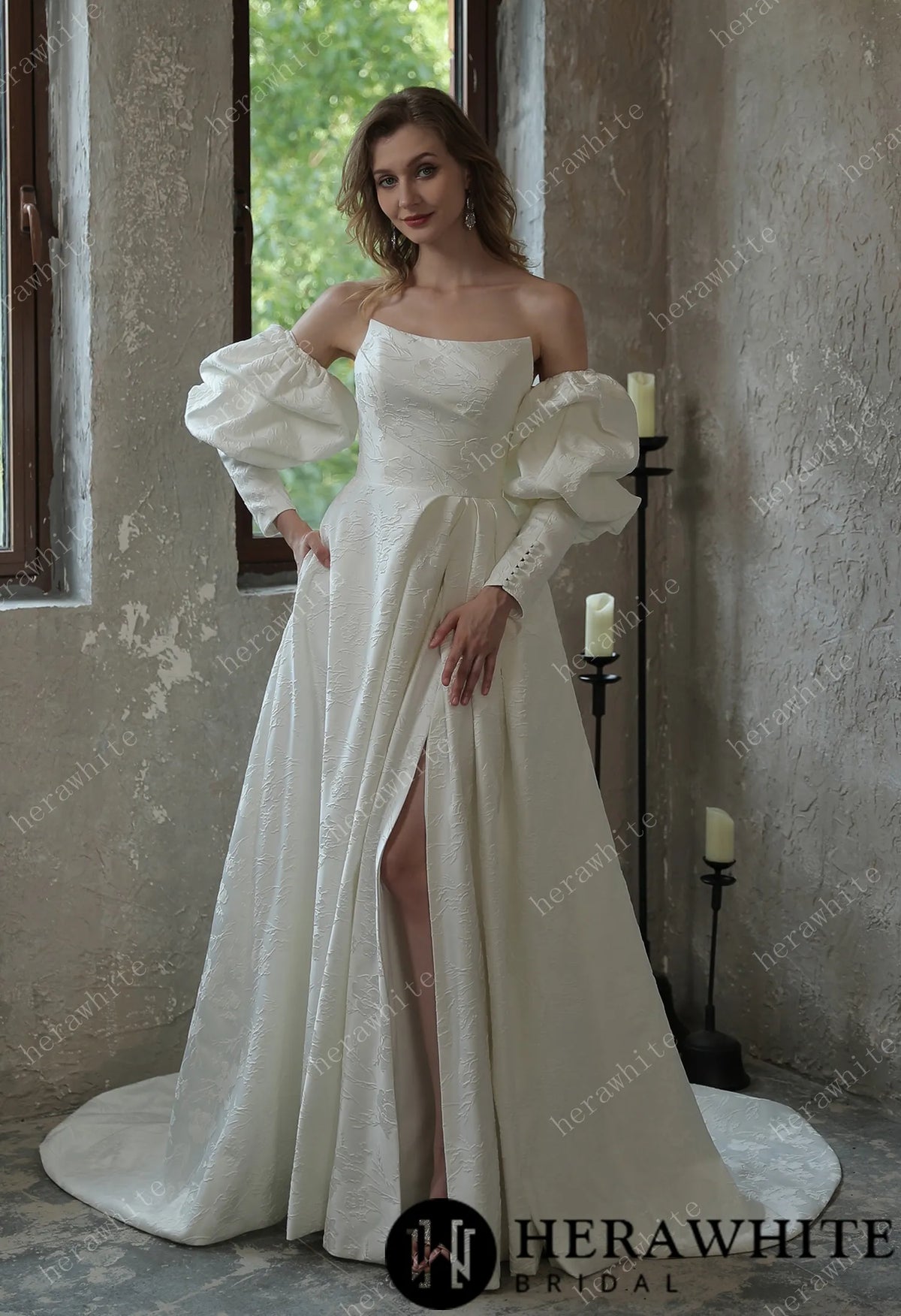 Scoop Neckline Brocade Satin Pockets Ballgown Wedding Dress HW3043