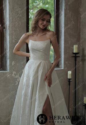 Scoop Neckline Brocade Satin Pockets Ballgown Wedding Dress HW3043