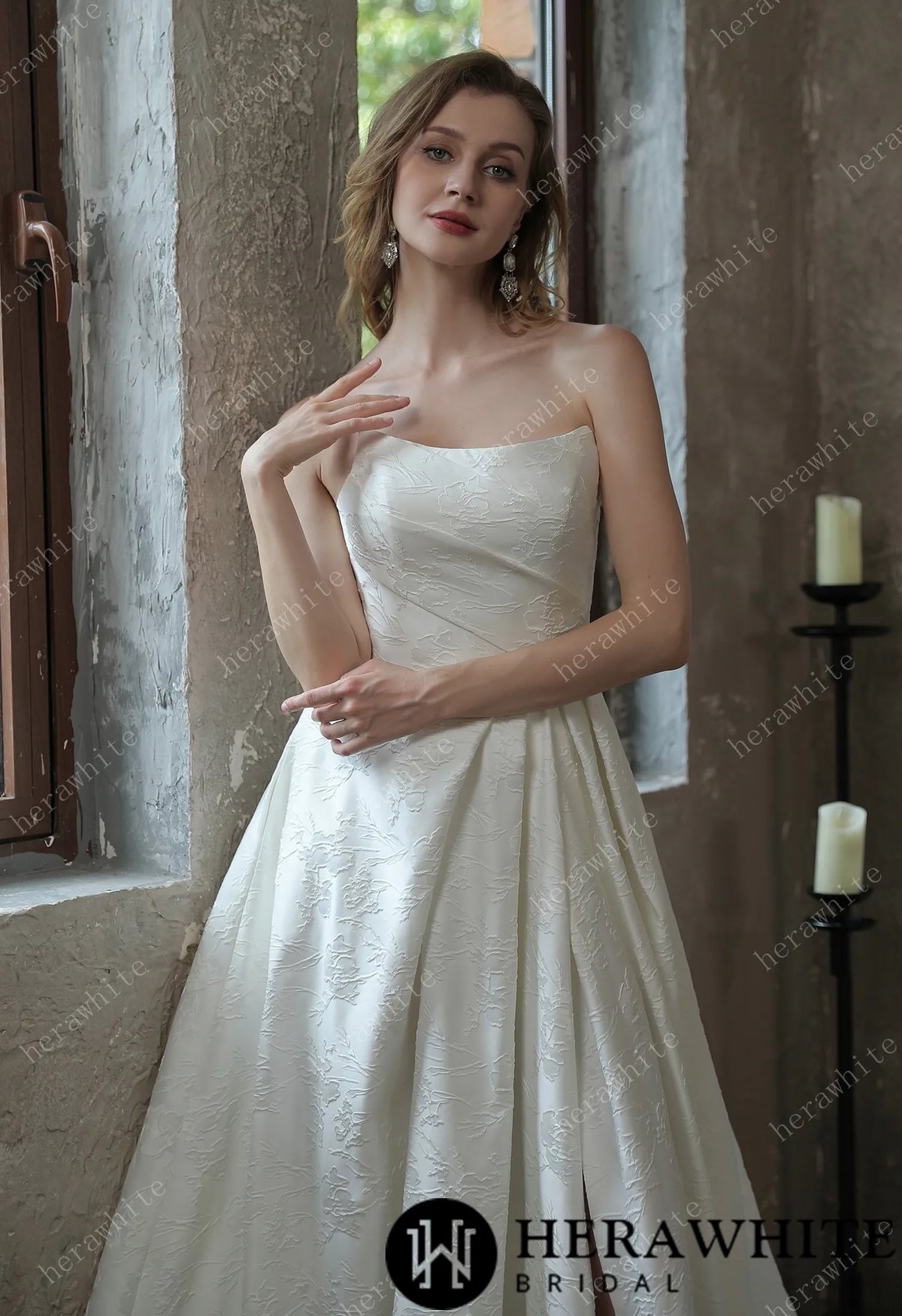 Scoop Neckline Brocade Satin Pockets Ballgown Wedding Dress HW3043