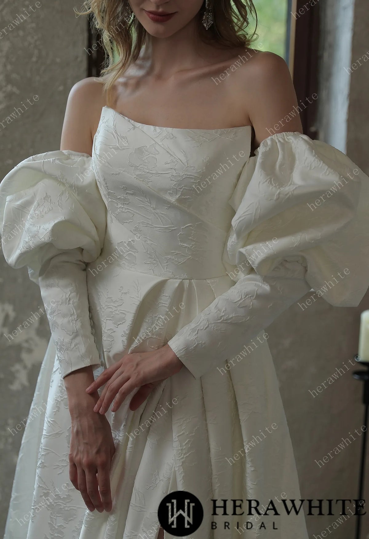 Scoop Neckline Brocade Satin Pockets Ballgown Wedding Dress HW3043
