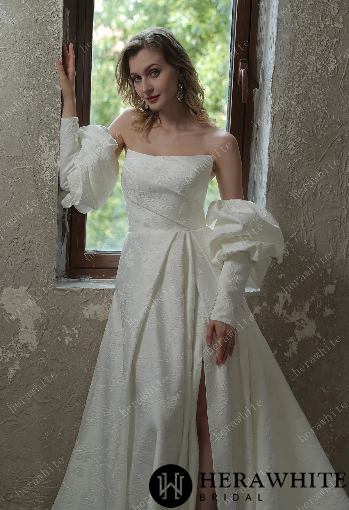 Scoop Neckline Brocade Satin Pockets Ballgown Wedding Dress HW3043