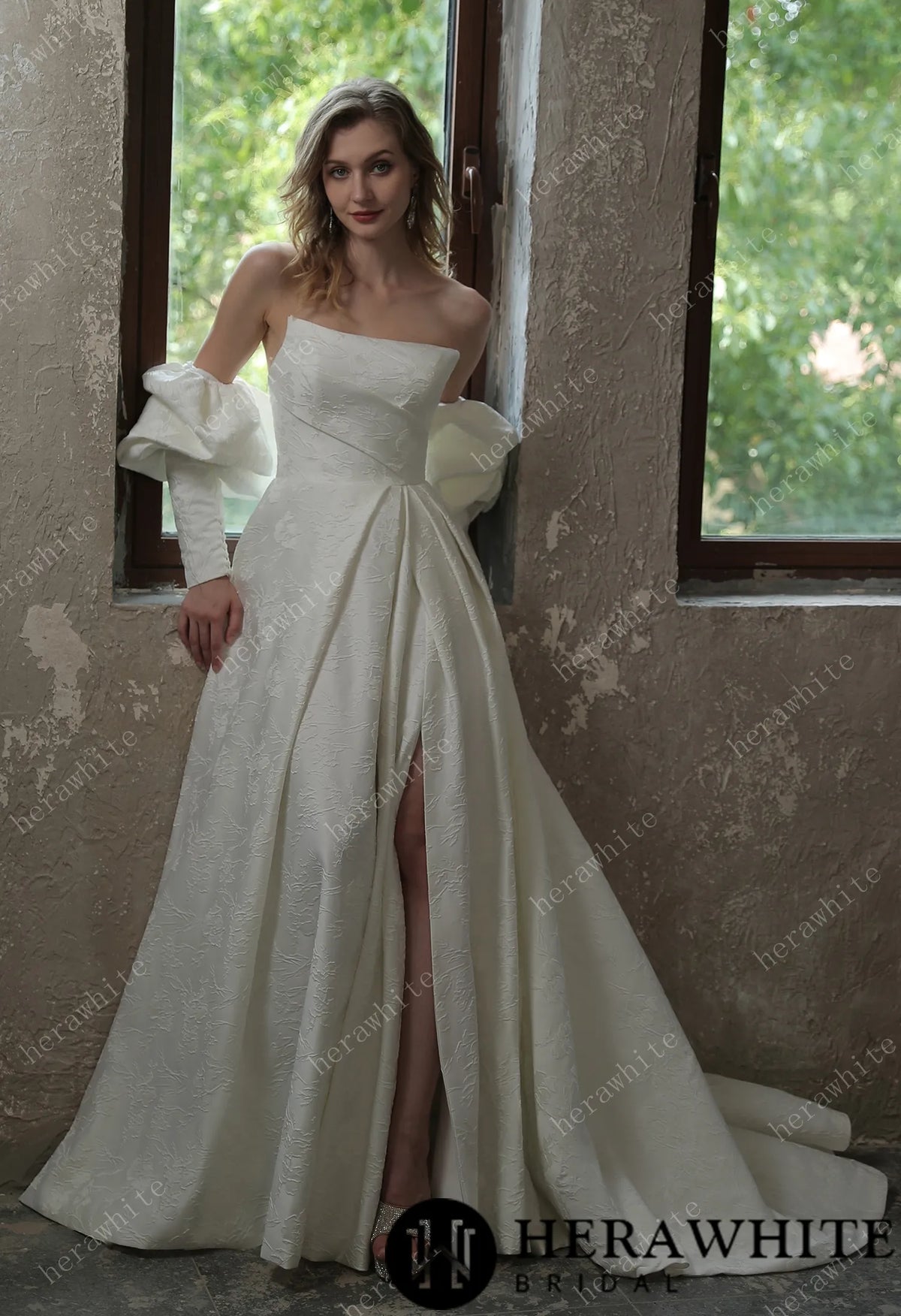 Scoop Neckline Brocade Satin Pockets Ballgown Wedding Dress HW3043