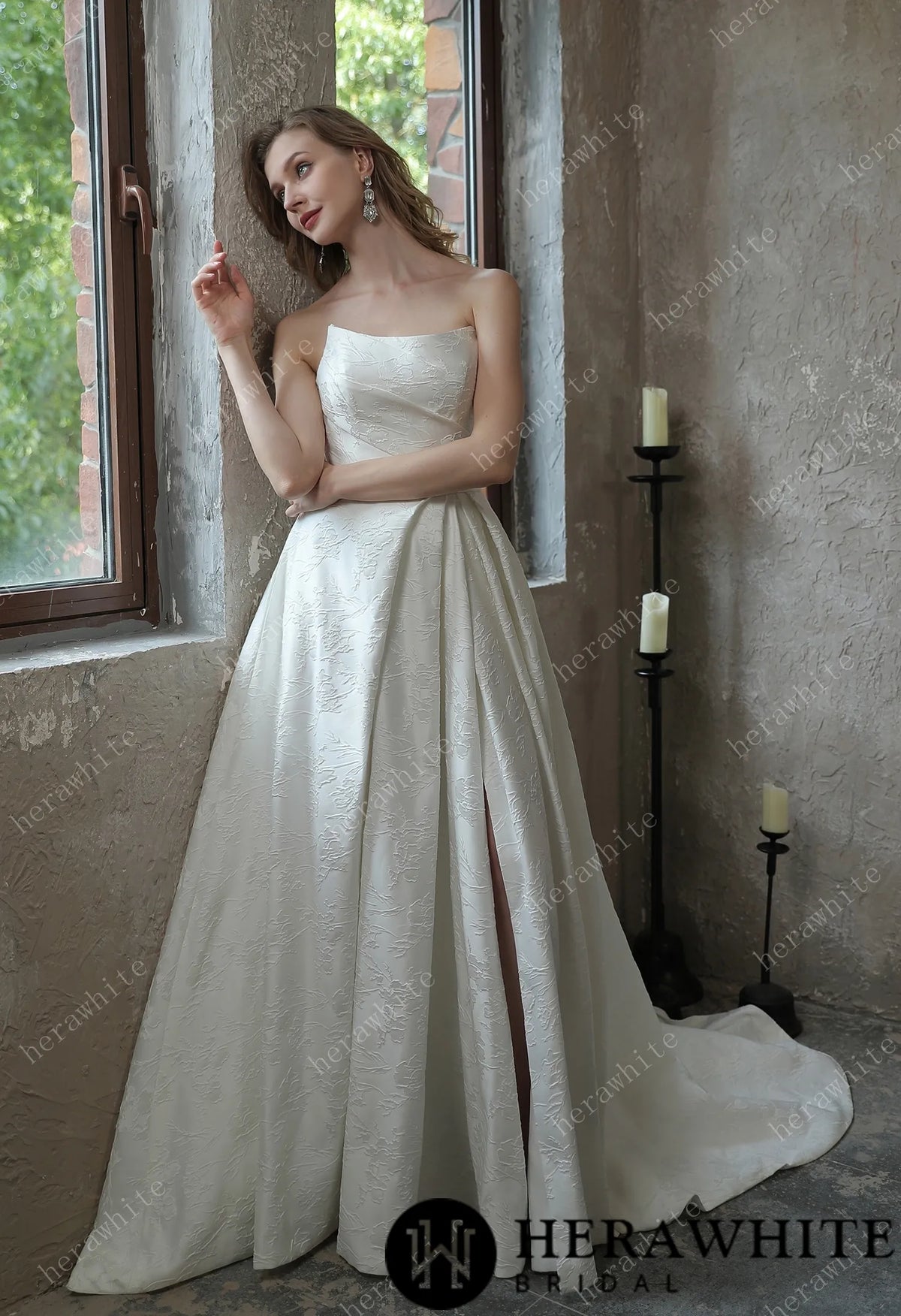 Scoop Neckline Brocade Satin Pockets Ballgown Wedding Dress HW3043