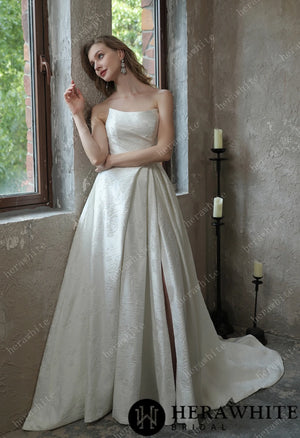 Scoop Neckline Brocade Satin Pockets Ballgown Wedding Dress HW3043