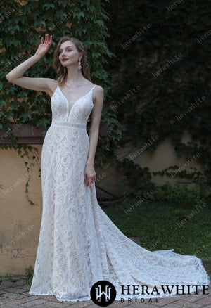 Summer Boho Lace Spaghetti Straps Wedding Dress HW3044
