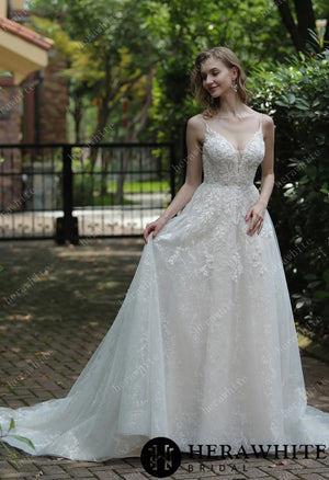 Sparkly A-Line Beaded Spaghetti Straps Wedding Dress HW3048