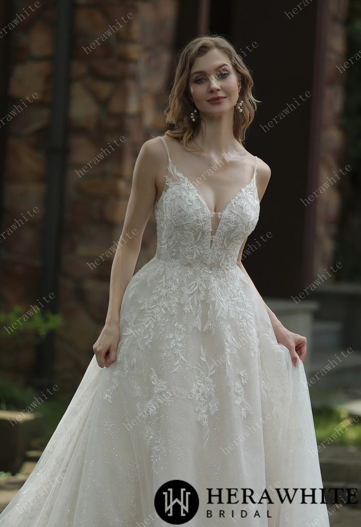 Sparkly A-Line Beaded Spaghetti Straps Wedding Dress HW3048