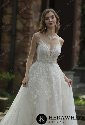 Sparkly A-Line Beaded Spaghetti Straps Wedding Dress HW3048