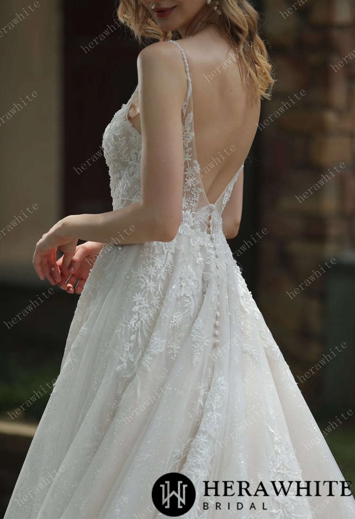 Sparkly A-Line Beaded Spaghetti Straps Wedding Dress HW3048