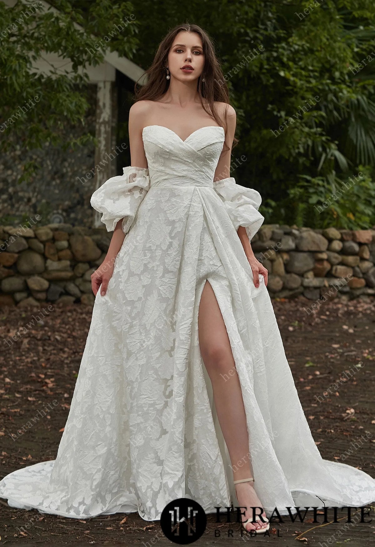 Jacquard Puff Sleeves Grace Slit And Sweetheart Wedding Dress HW3417