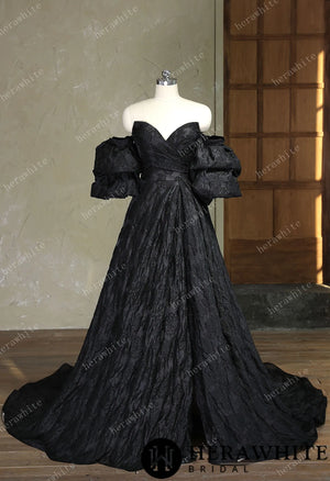 Jacquard Puff Sleeves Grace Slit And Sweetheart Wedding Dress HW3417