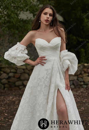 Jacquard Puff Sleeves Grace Slit And Sweetheart Wedding Dress HW3417