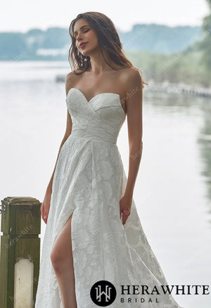 Jacquard Puff Sleeves Grace Slit And Sweetheart Wedding Dress HW3417