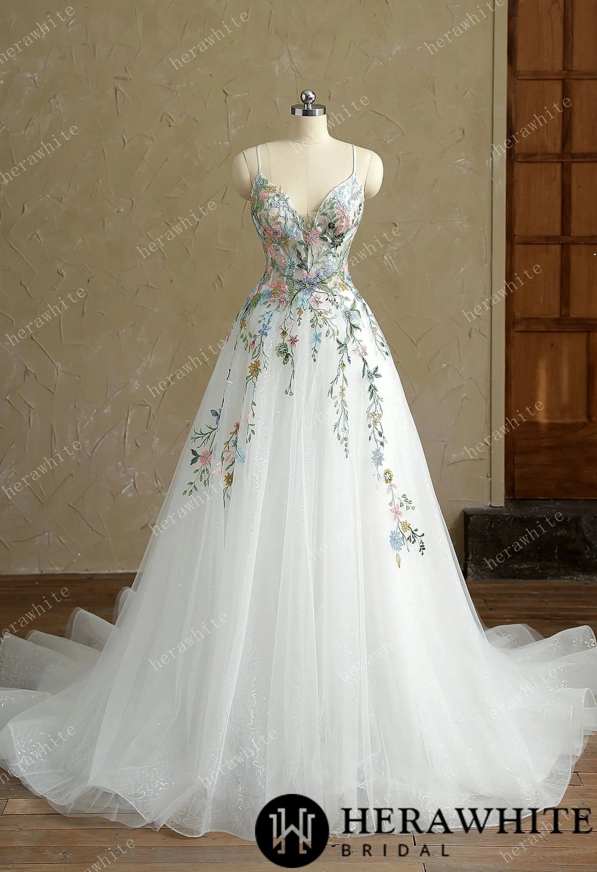 Mystery  V-Neck Spaghetti Straps with Colorful Lace Wedding Dress HW3418