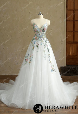 Mystery  V-Neck Spaghetti Straps with Colorful Lace Wedding Dress HW3418