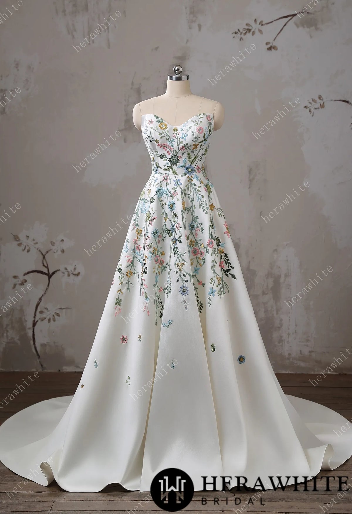 Strapless Floral Embroidered Mikado A line Wedding Dress HW3492