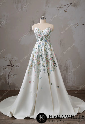 Strapless Floral Embroidered Mikado A line Wedding Dress HW3492