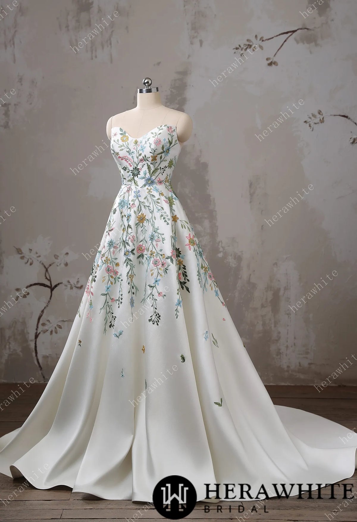 Strapless Floral Embroidered Mikado A line Wedding Dress HW3492