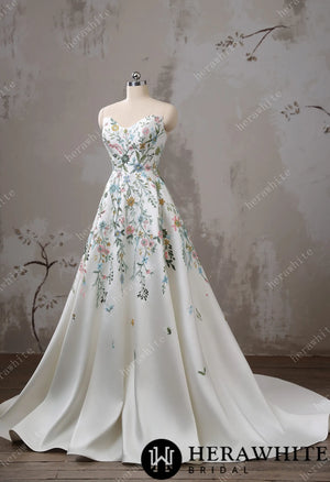 Strapless Floral Embroidered Mikado A line Wedding Dress HW3492