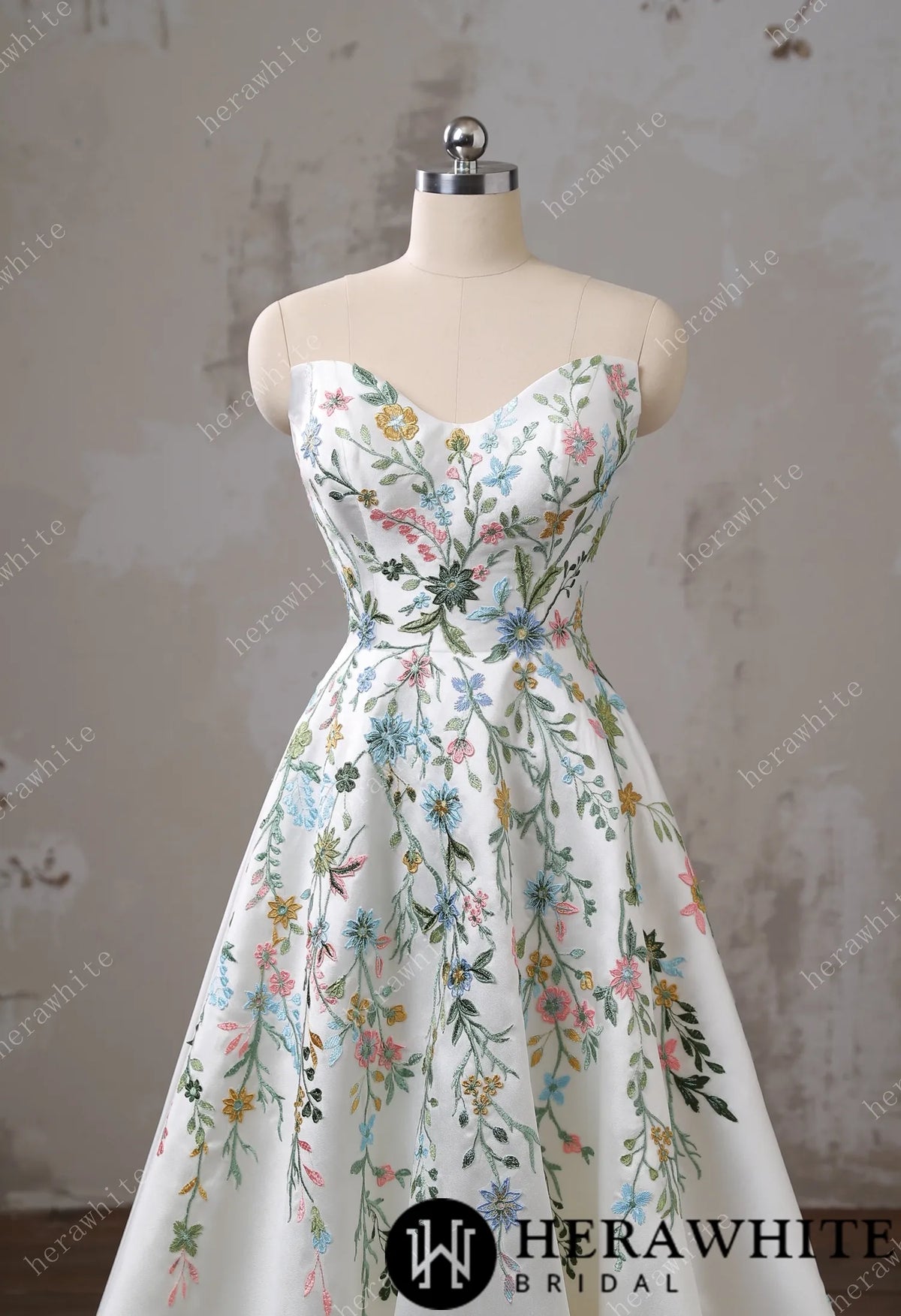 Strapless Floral Embroidered Mikado A line Wedding Dress HW3492