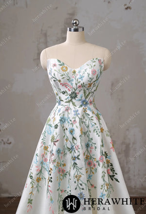 Strapless Floral Embroidered Mikado A line Wedding Dress HW3492