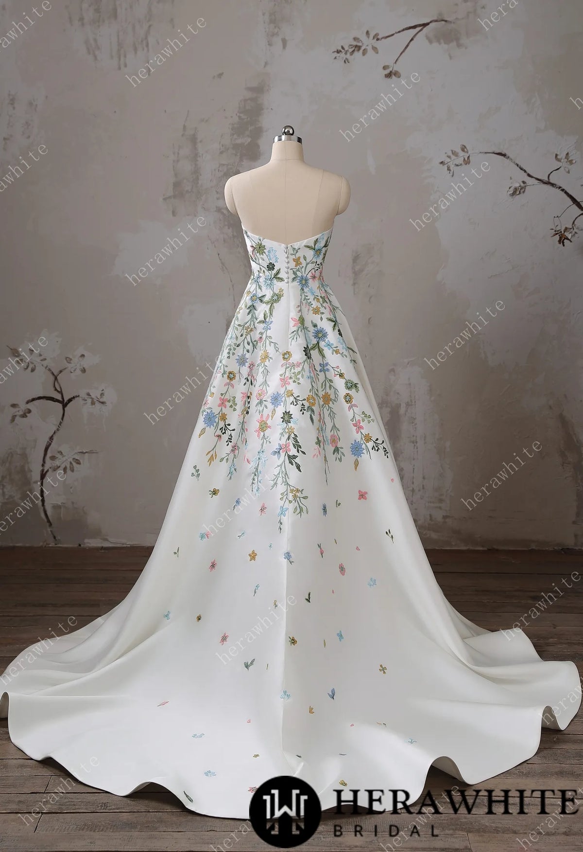 Strapless Floral Embroidered Mikado A line Wedding Dress HW3492