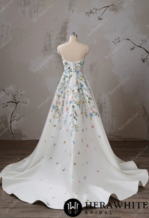 Strapless Floral Embroidered Mikado A line Wedding Dress HW3492