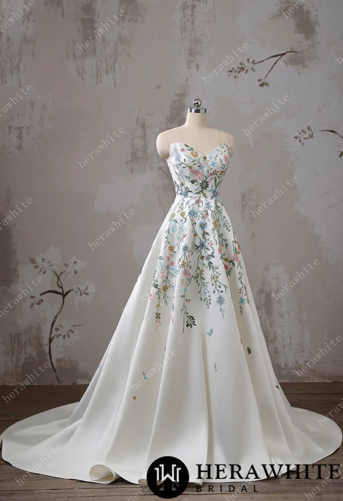 Strapless Floral Embroidered Mikado A line Wedding Dress HW3492